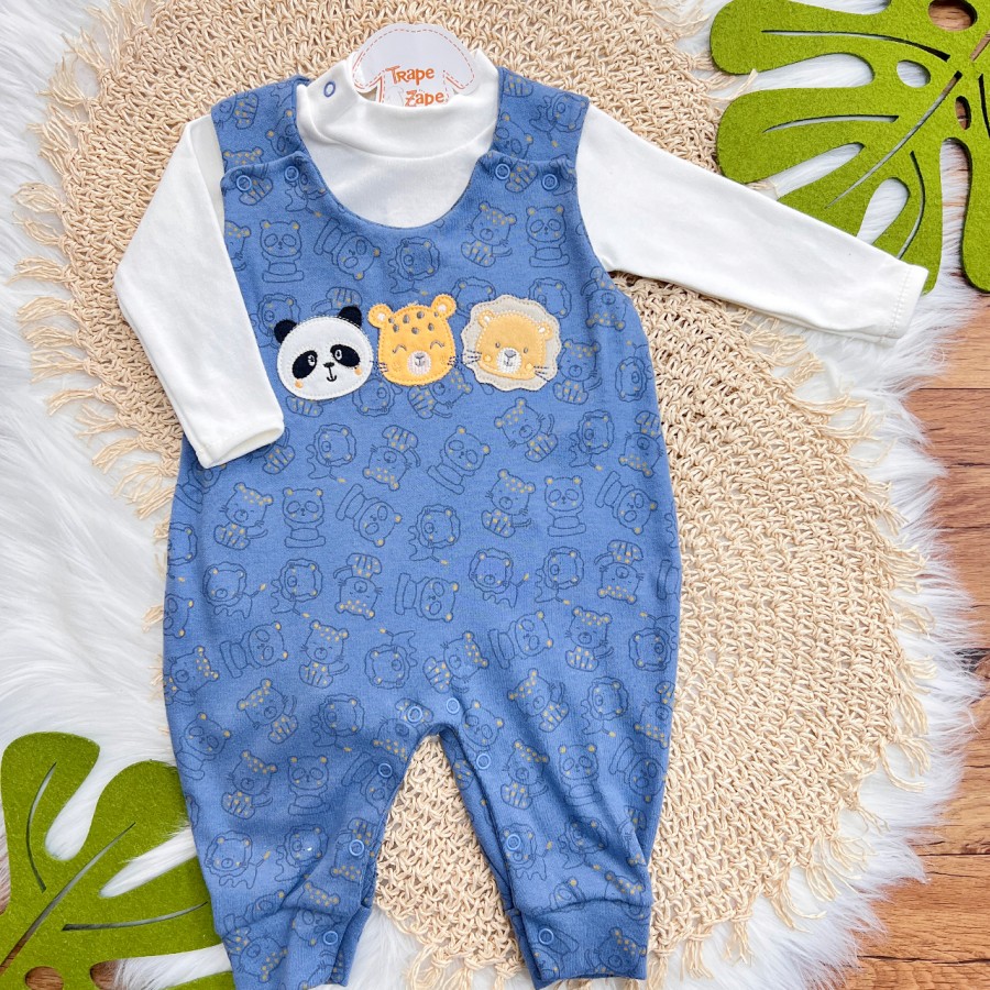 Conj. Body Manga Longa e Jardineira Suedine - Leão, Panda e Onça - Off White e Azul Jeans